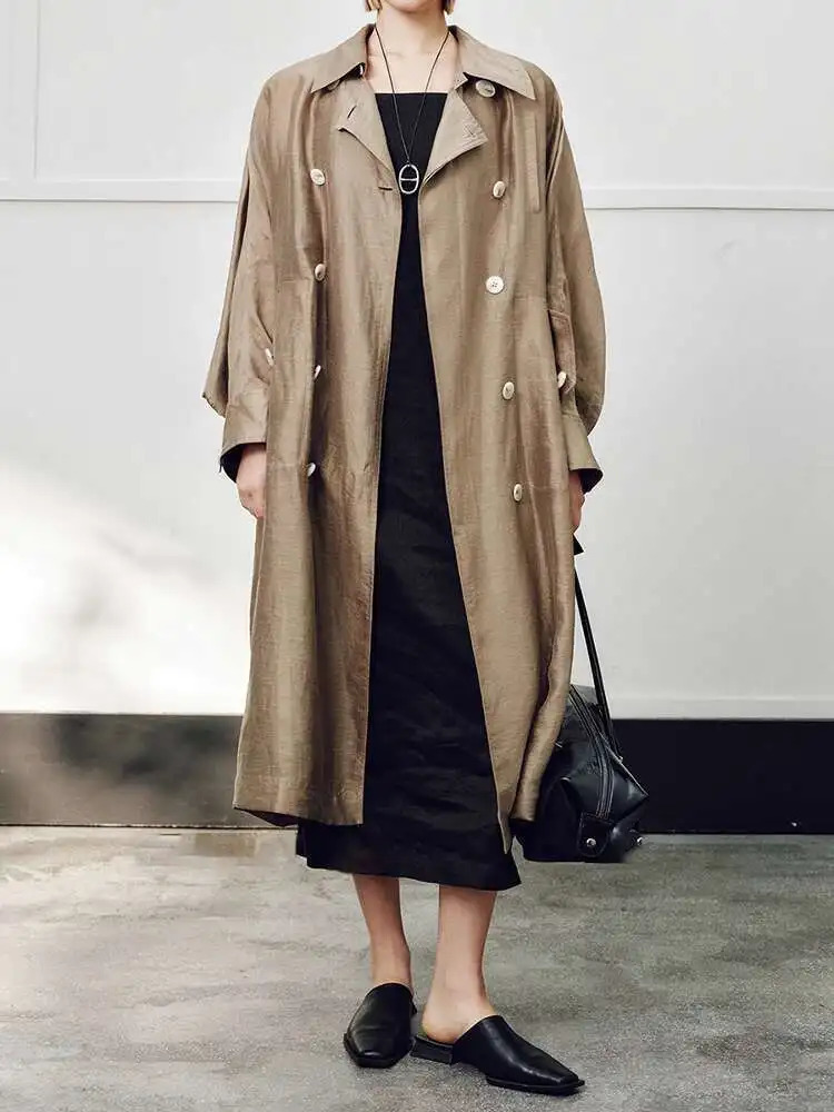 ZMEENNA Womens Lightweight Oversized Draped Trench Coat Long Sleeve Double Breasted Loose Fit Classic Lapel Chic Style ZM1054 250715