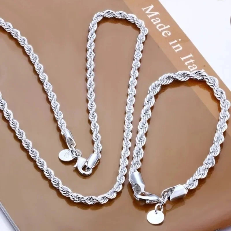 Charm 925 sterling silver Accessories Men 4MM 40-60cm 2PCS Rope Chain Necklace Bracelet Women Fashion Wedding Gift Jewelry 250715