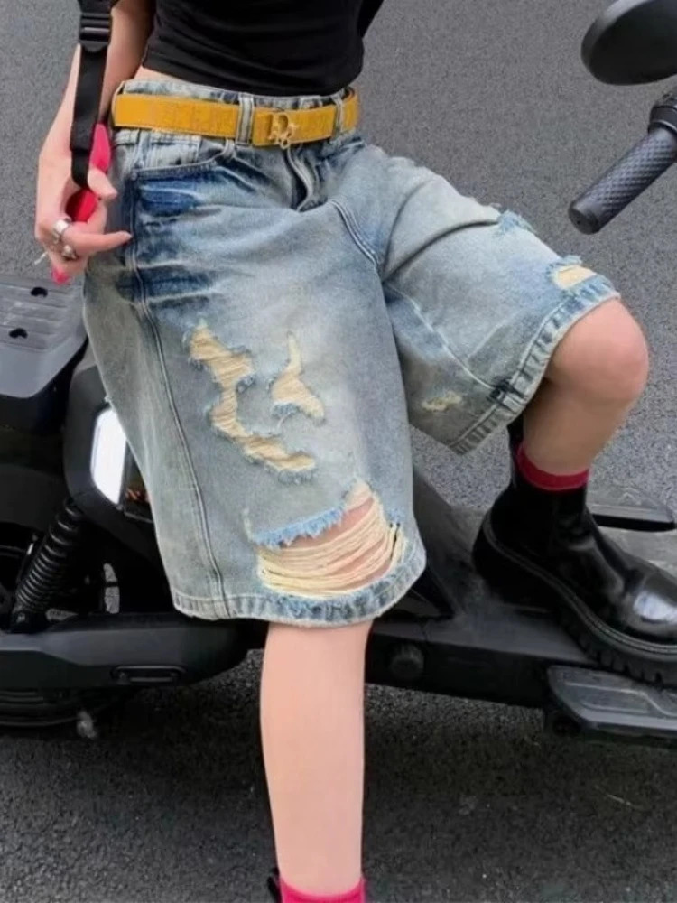 HOUZHOU Vintage Washed High Waist Short Jeans Y2k Harajuku Hole Wide Leg American Style Jorts Baggy Straight Grunge Gyaru Summer 250717