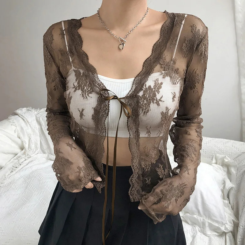 Women Sexy See Through Cardigans Y2K Long Sleeve Lace Mesh Vintage Tie Up Floral Crop Tops Streetwear 250714