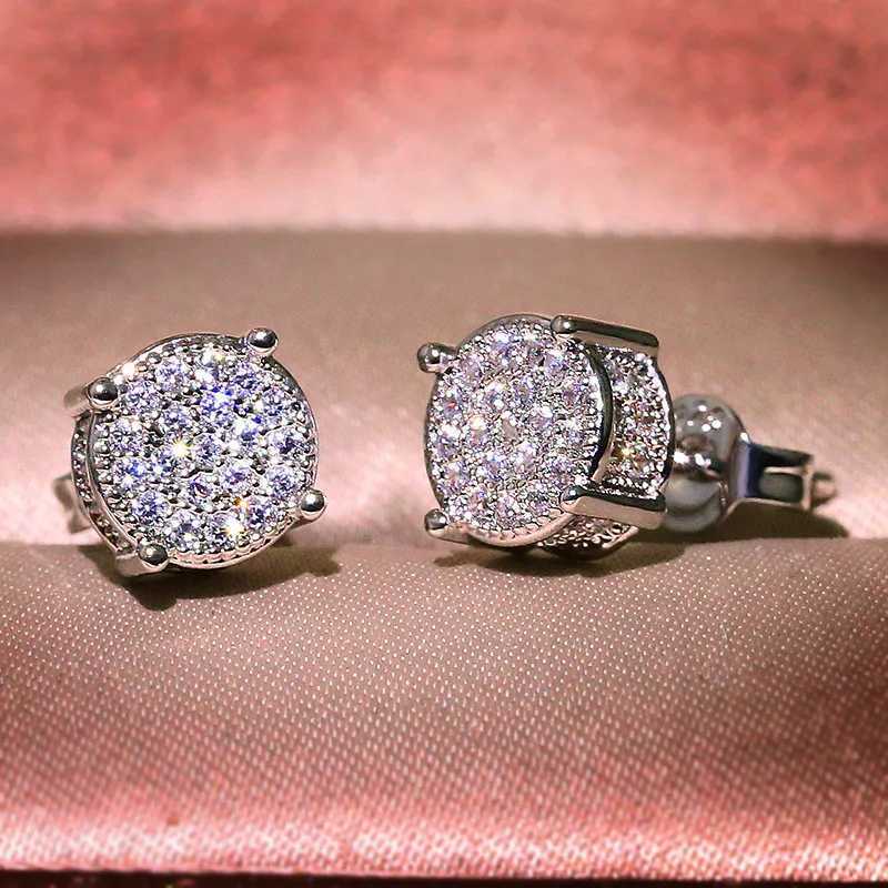 Luxury Full Crystal Round Earrings White Gold Yellow Gold Color White Zircon Stone Wedding Stud Earrings For Women Men Jewelry XJ250718