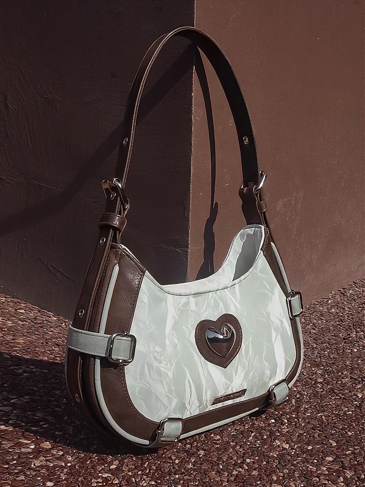 Summer new women's shoulder bag with heart-shaped diamond inlaid crescent shaped armpit bag fashionable women's shoulder bag new designer ba