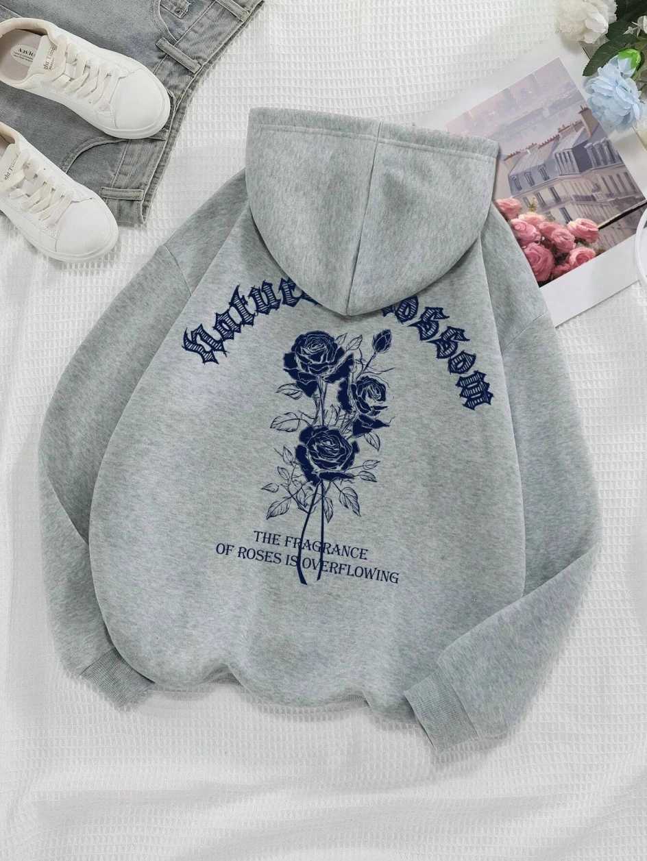Fashion Women Hoodies Vintage Letters Flowers Printed Sweatshirts Spring Crewneck Pullover Loose Fleece Female Tops Clothes Z250719