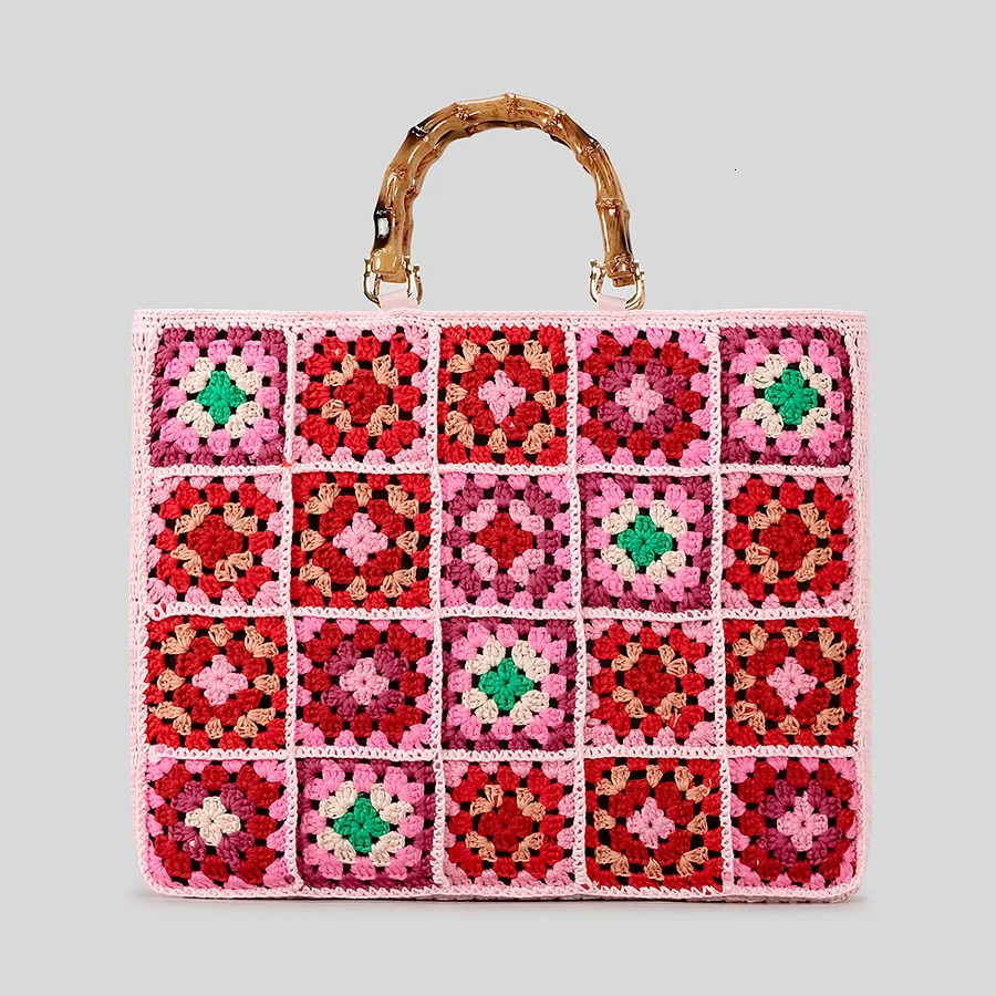 Fashion Granny Square Weave Women Handbags Behemian Knitting Bamboo Handle Large Tote Bag Candy Color Big Female Shopper Purses 250717