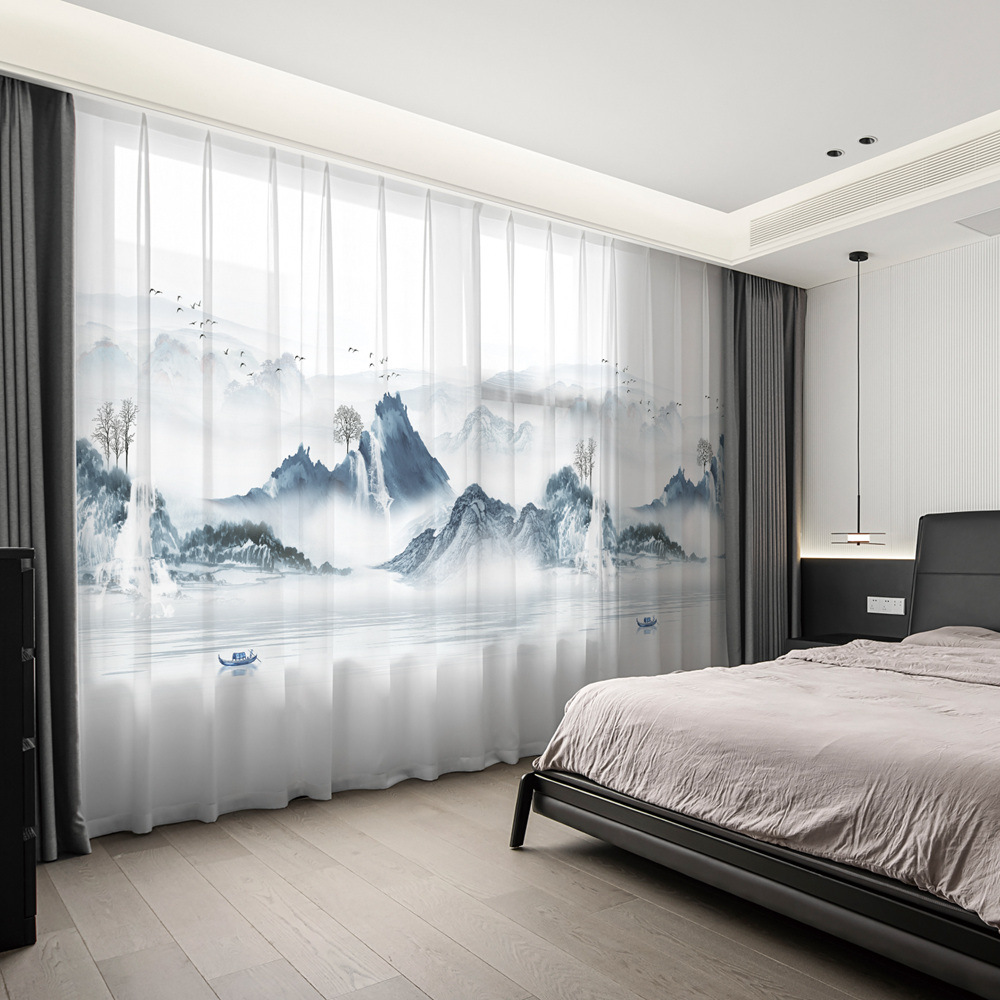 YL-36700 New Chinese style landscape painting all-match chiffon window screen living room bedroom tea house temple light-transmitting and non-transmit
