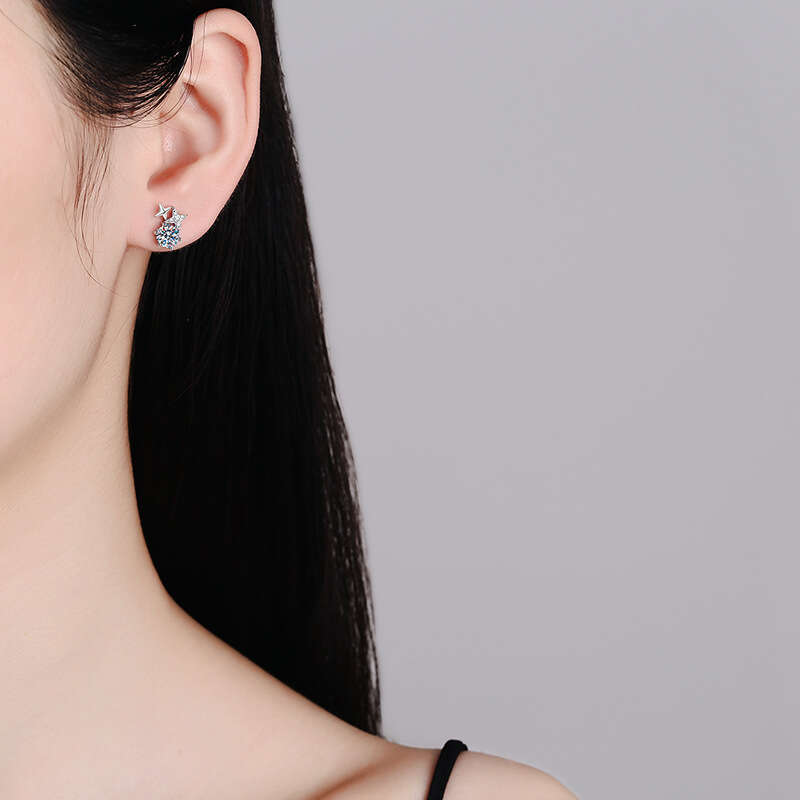 S Pure Sier Simple Six-Prong Korean Style Eight-Pointed Star Earrings 1 Carat D Color Moissanite Studs for Women 316