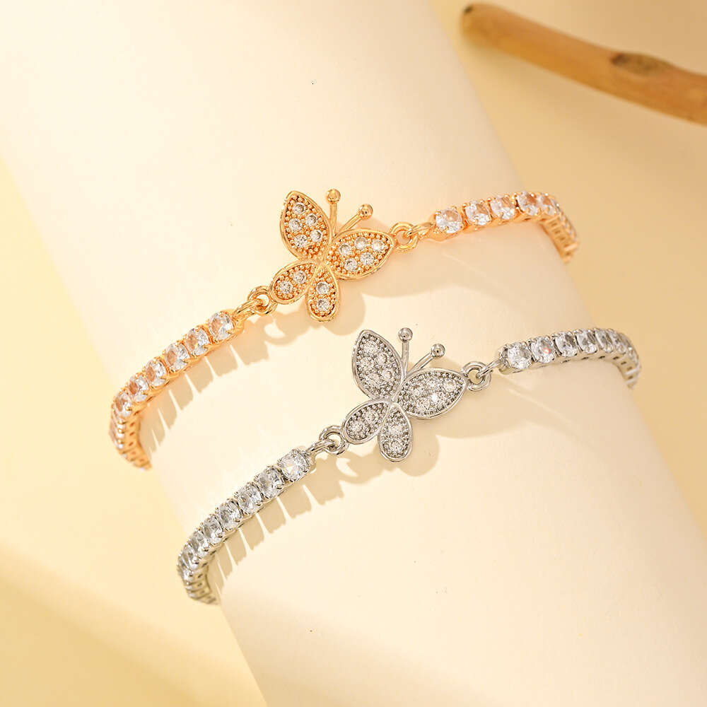 Light Inlaid Butterfly Bracelet for Women, Ins Fashion High-end Full Dia Adjustable Push-pull Chain Jewelry