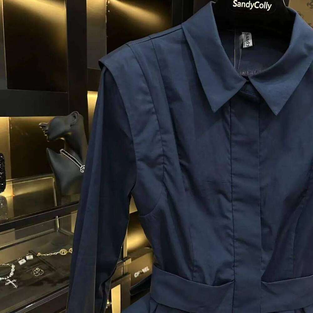 French Design Splicing Pleated Lapel Blue Shirt for Women Autumn New Waist Femmale Top Long Sleeves Blouses