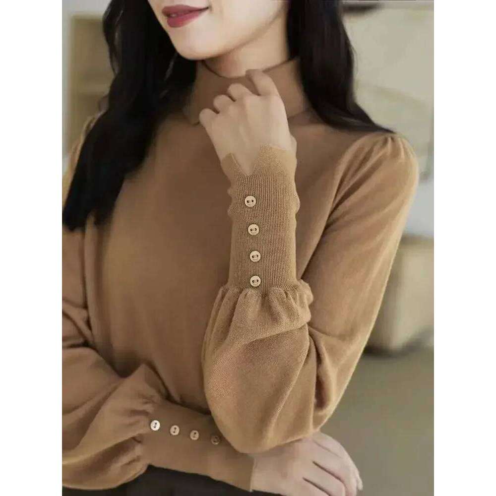 High Necked Pullover Shirts Women Button Up Lantern Sweaters Solid Color Wool Knitwear Women's Long Sleeve Top Turtleneck MDNG