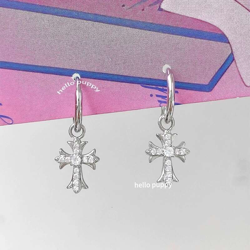 Super Shiny Dia-studded Designer Jewelry Cross Pendant Double Ear Hole Stackable Versatile Hoop Earrings For Women