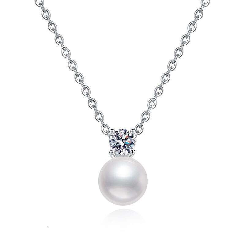 S Pure Sier Natural Freshwater Pearl Strong Luster Round Simple Elegant 30 Points Moissanite Necklace a14