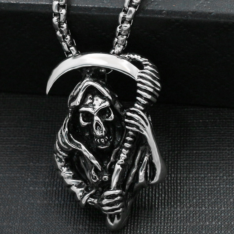 Japanese and Korean Skeleton Death Scythe Pendant Necklace Domineering Personality Stainless Steel Punk Trendy Men's Necklace Stainless Stee