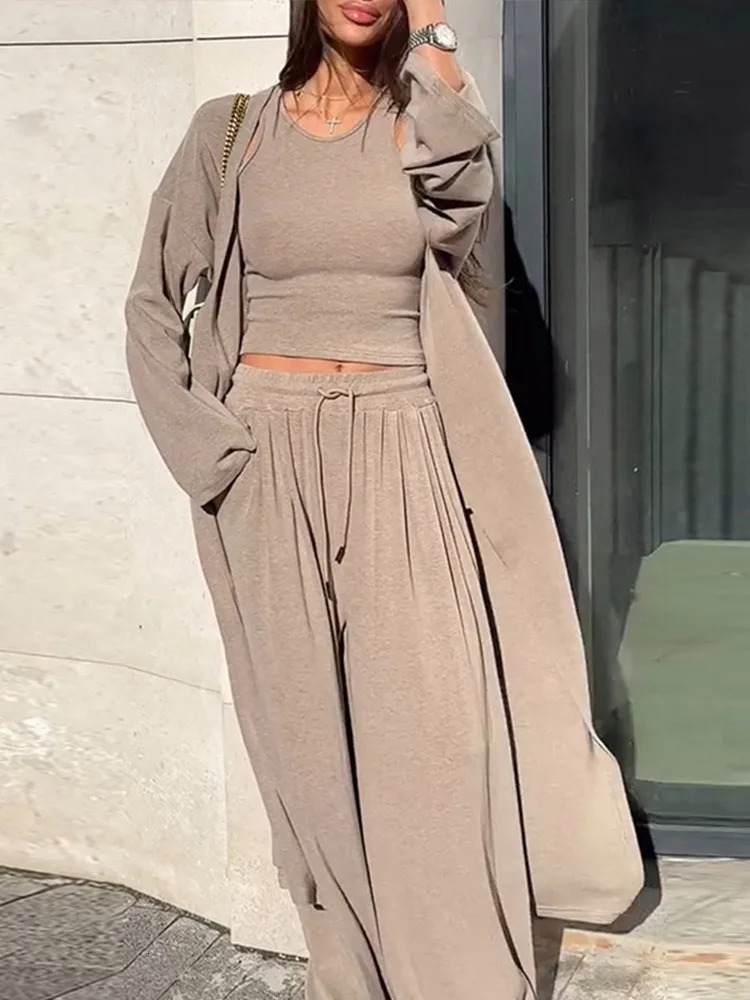 Womens 3 Piece Set Casual Top Oversize Full Sleeve Long Cardigan Wide Leg Trousers Suit Lady Summer Female Beach Outfits 250714