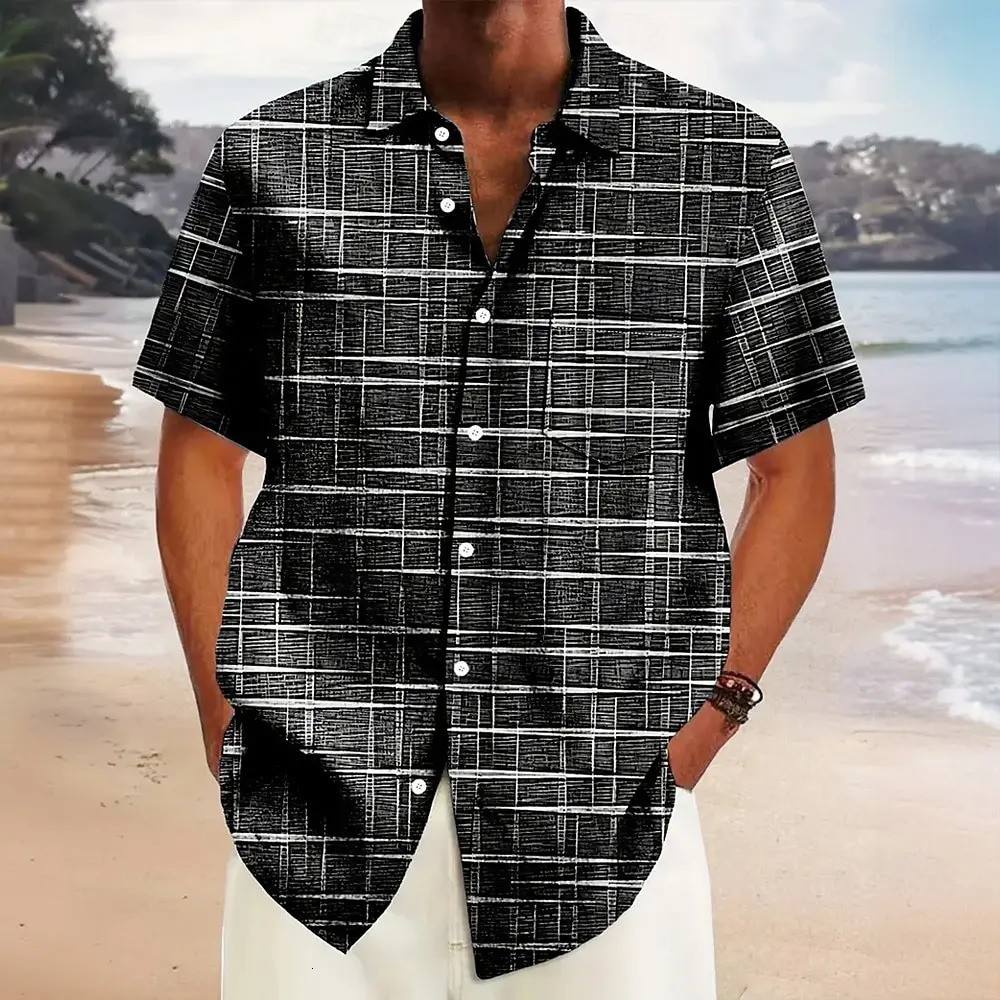 Hawaiian mens summer shirts casual short sleeves lapel 3d plaid stripe pattern tops three colors 250717