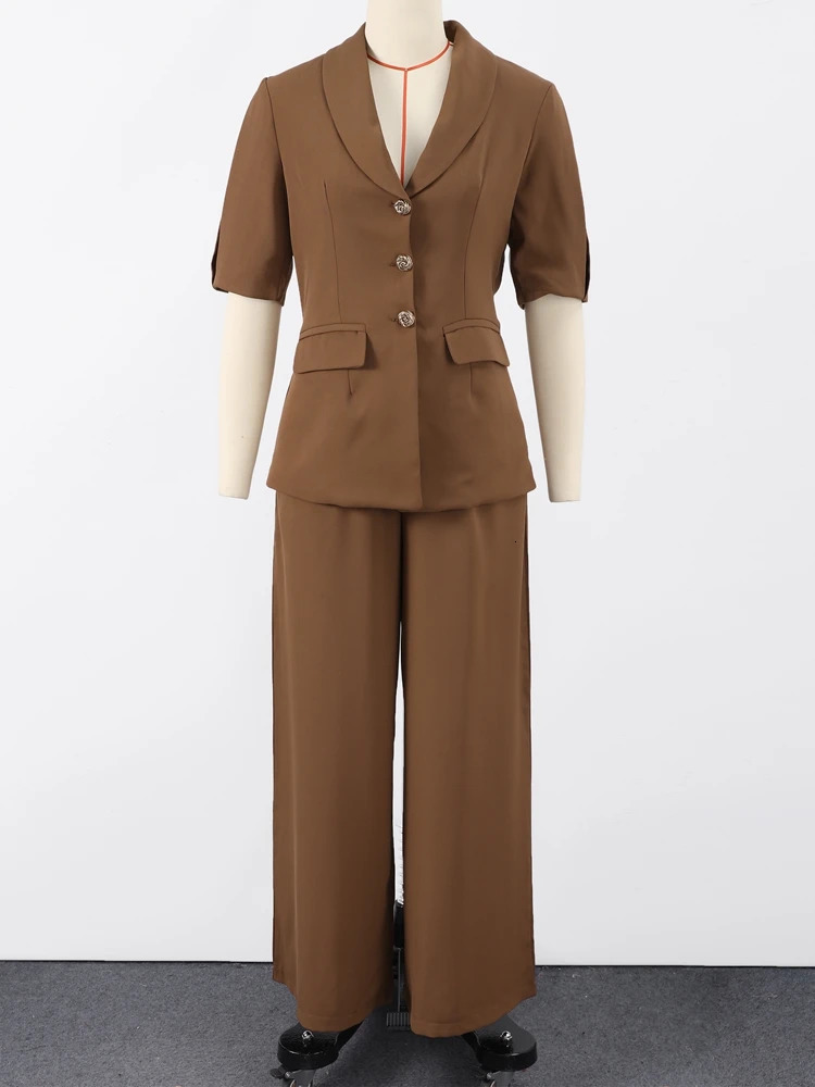 Elegant Womens Blazer Pants Sets Spring Slim Puff Short Sleeve Coat Pleat Wide Leg Trousers Female Suit 2025 Office Lady Set 250715