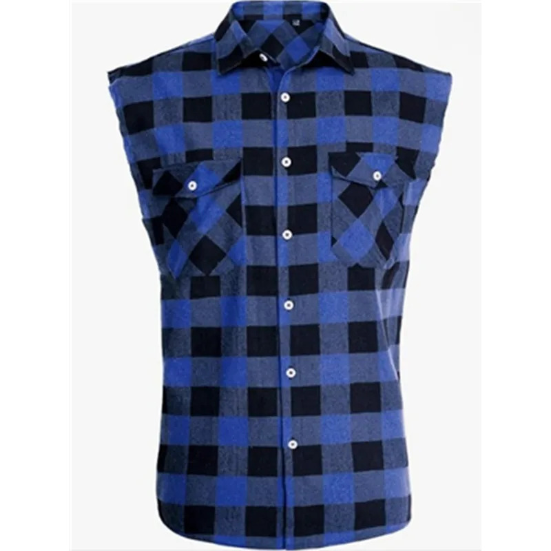 Mens Sleeveless Plaid Front Shirt Beach Cool Tops Baroque Short Sleeve Printed Button Clothing Casual Fashion Blouse 250717