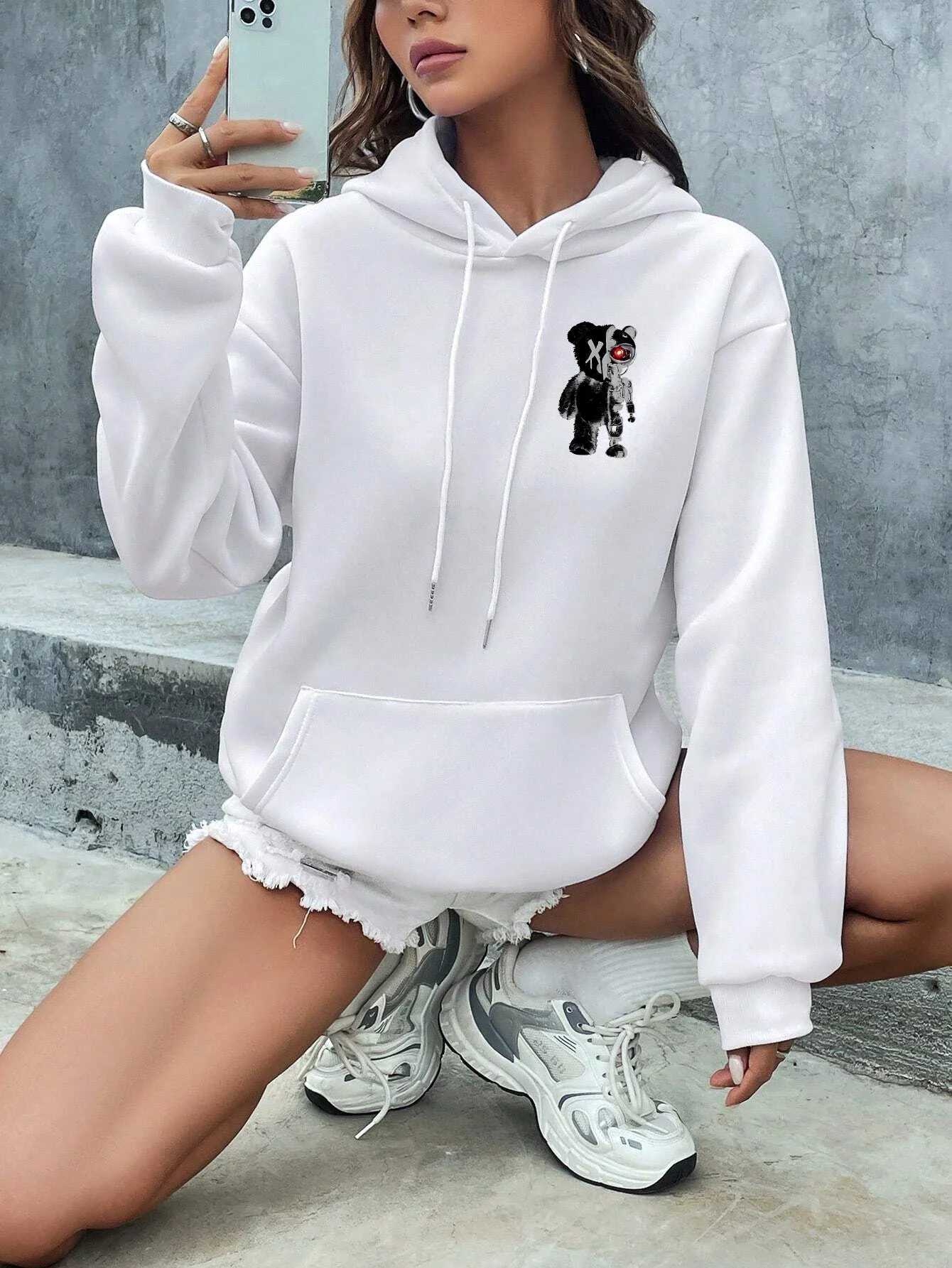 Half A Teddy Bear Half A Robotic Bear Women Hoodie Vintage Oversize Hoody Sweatshirt Street Autumn Female CloTHes Z250719