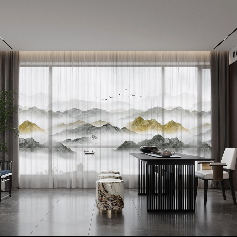 YL-36700 New Chinese style landscape painting all-match chiffon window screen living room bedroom tea house temple light-transmitting and non-transmit