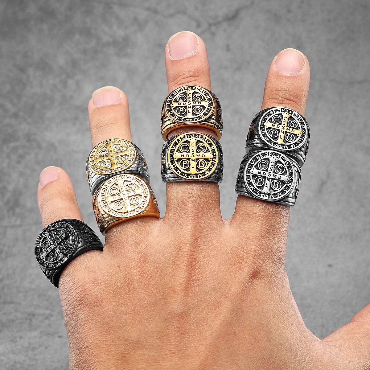 Saint Benedict Exorcism Amulet Men Rings Stainless Steel Women Jewelry Punk Rock Cool Stuff Fashion Accessories Gift Wholesale 250717
