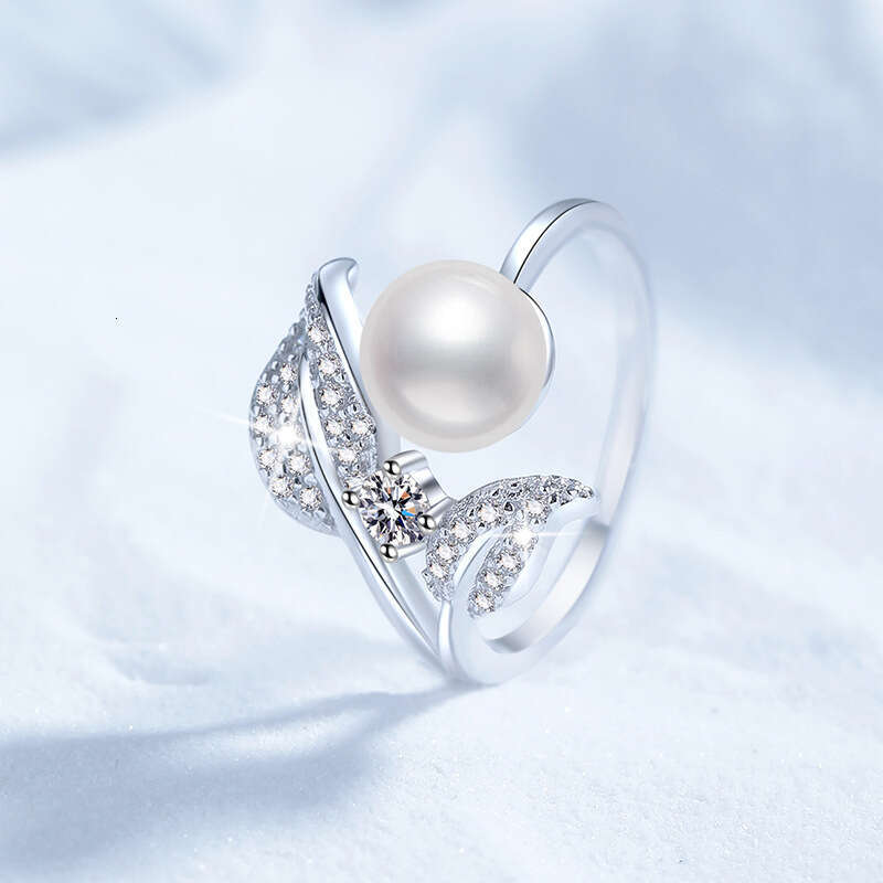 S Pure Silver Moissanite Women Petal Freshwater Pearl Adjustable Ring 47a