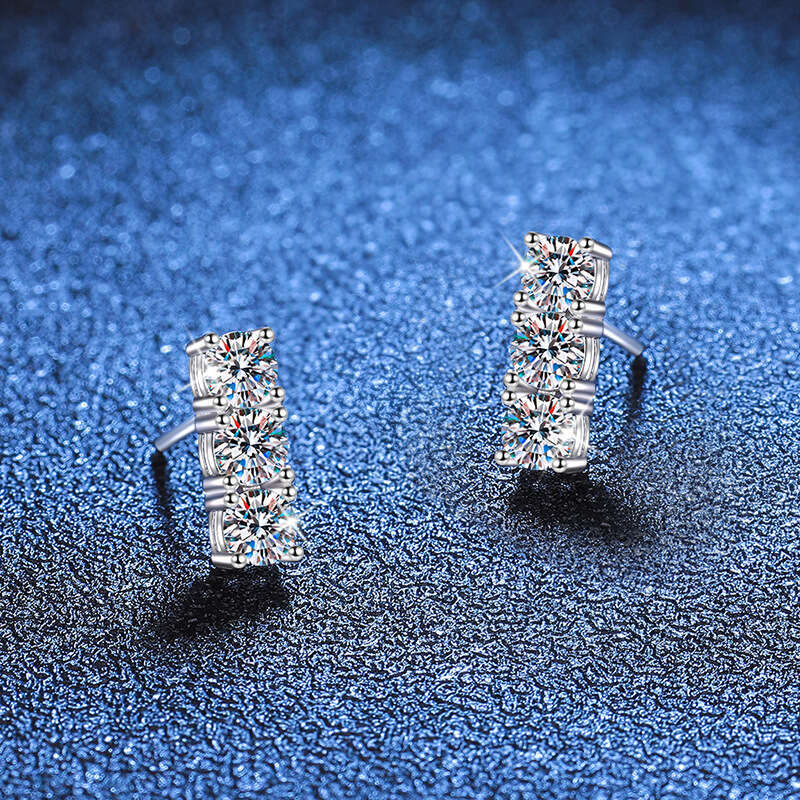 Live S Pure Sier Simple Korean Style Three Princess D Color 1.2 Carat Moissanite Earrings 3e7