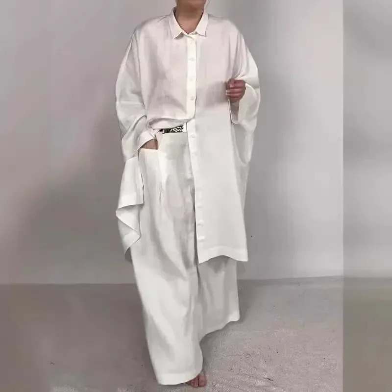 Women 2pcs Clothes Set Loose Solid Color Long Shirt Wide Leg Pants Two-Piece Set Single Breasted 250715