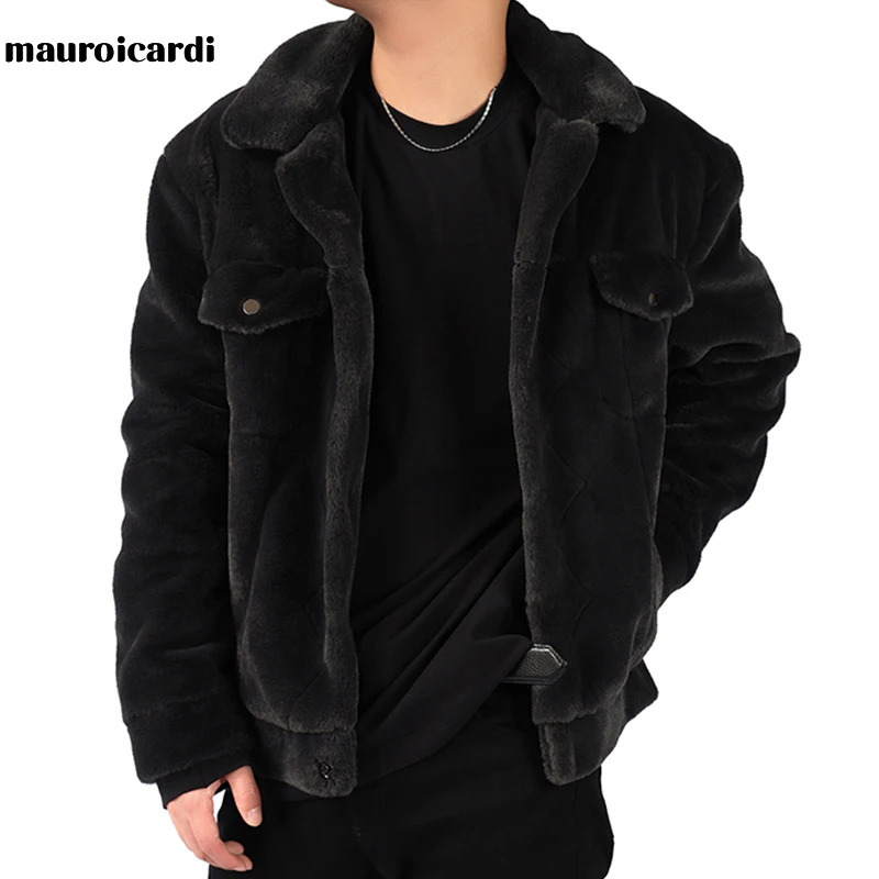 Mauroicardi Winter White Short Soft Warm Faux Fur Coat Long Sleeve Plus Size er Men Streetwear Clothing Fluffy Jacket 250715