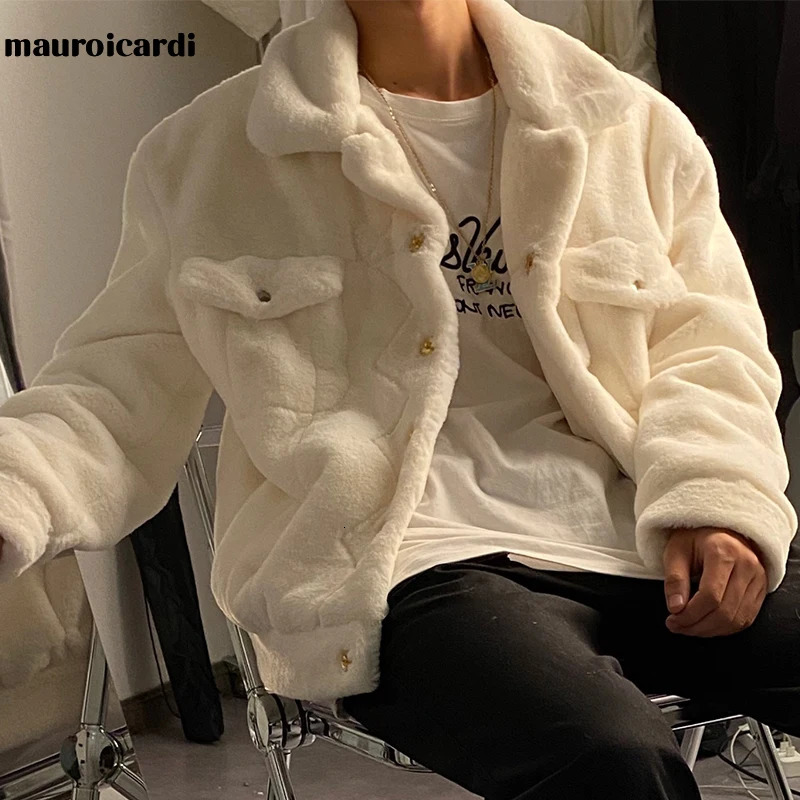 Mauroicardi Winter White Short Soft Warm Faux Fur Coat Long Sleeve Plus Size er Men Streetwear Clothing Fluffy Jacket 250715