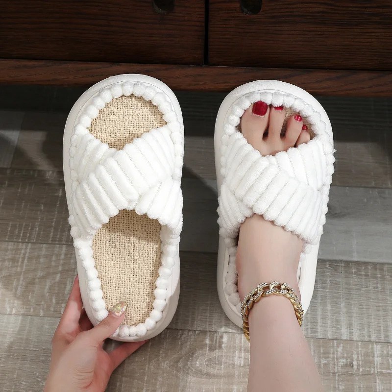 2024 Autumn Winter Women Home Slippers Open-Toe Cross Band Linen Soled Indoor Slides Linen Soled Non-Slip Bathroom Slippers 250716