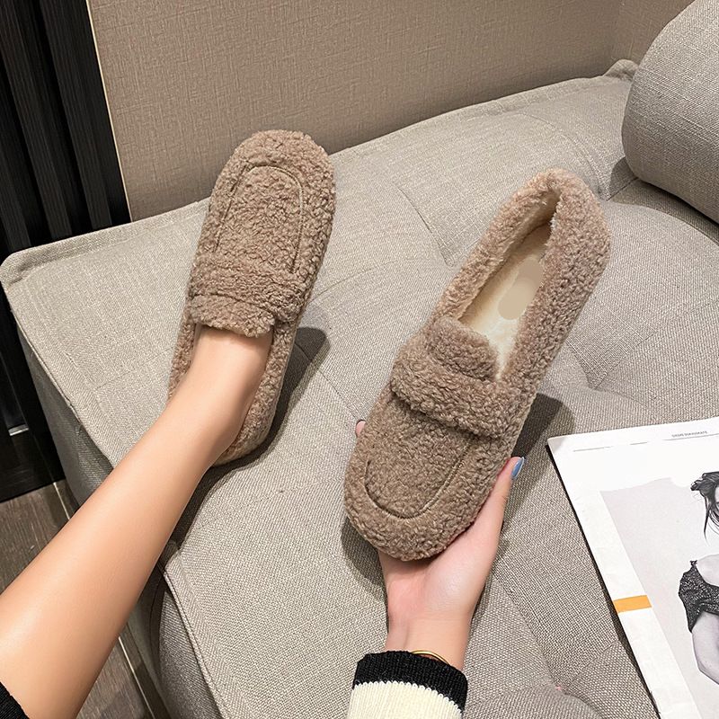 Stylish Lamb Fur Women Platform Vintage Shoes Plush Lining Female Cork Winter Slides Shoes Woman Furry Soft Light Warm Comefortable Slip On Oversized Shoes
