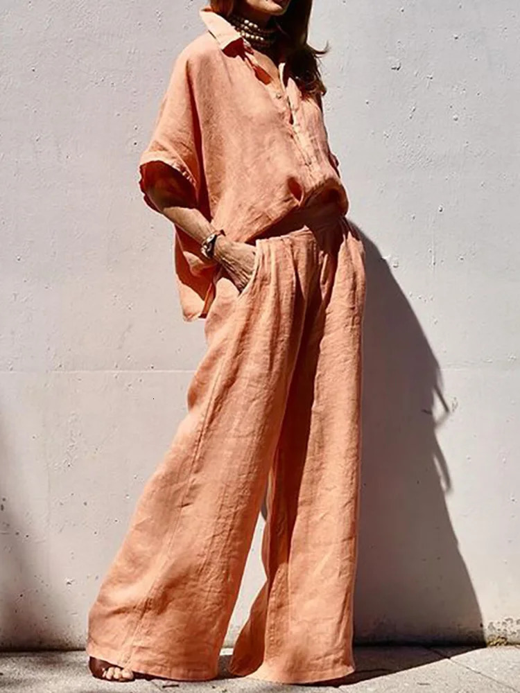 Summer Women Lapel Button Tops And Pants Suit Loose Long Wide Leg Pants Solid Two Piece Set Femme Streetwear Casual 2PCS Outfits 250715