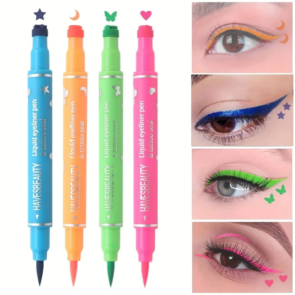 Double-head Liquid Stamp Eyeliner Set 4 Styles/Colors Waterproof Slim Gel Felt Tip Liquid EyelinerStars Hearts Moon Butterfly 250716