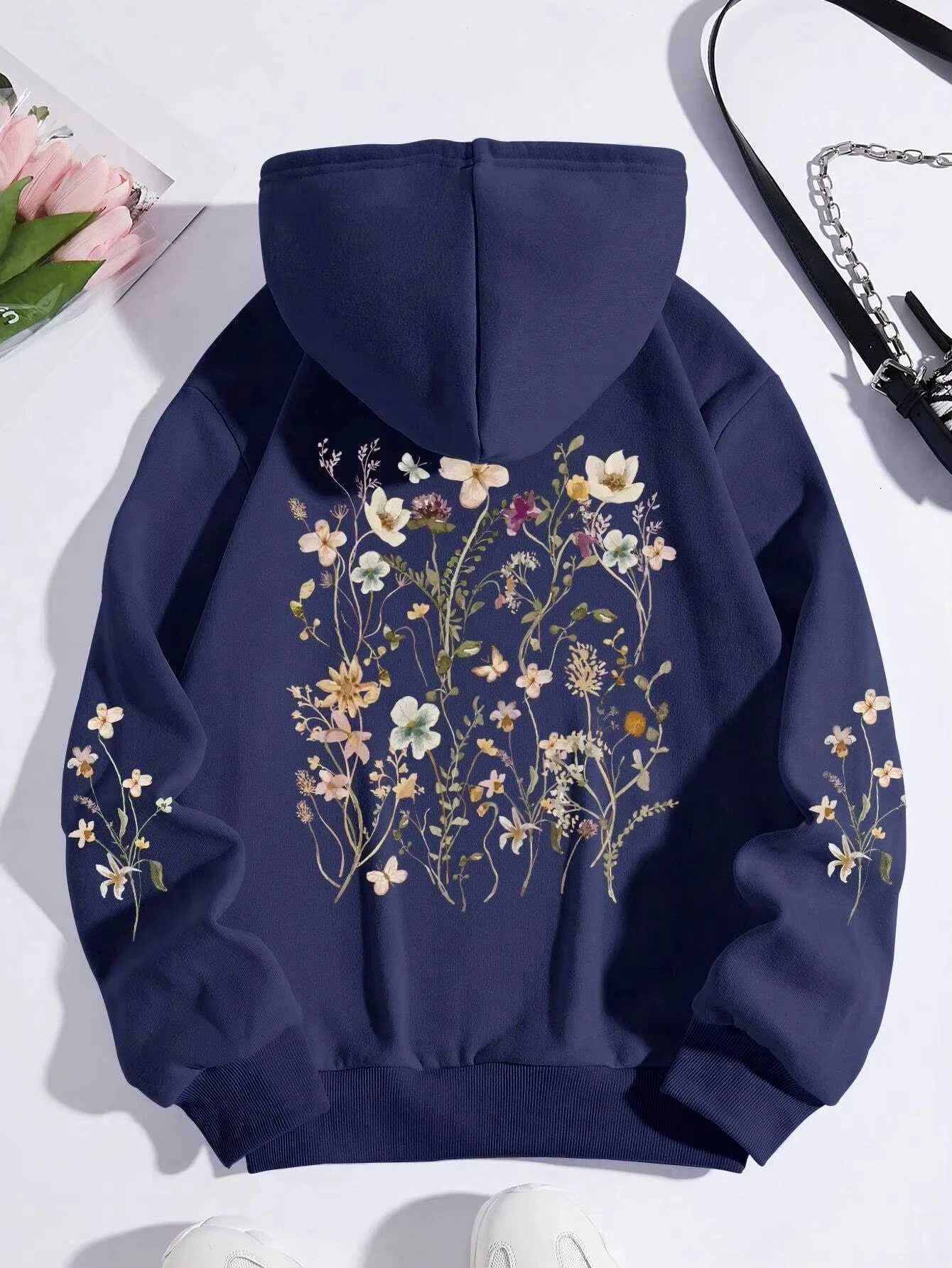 Colorful Flowers Women Sweatshirt Harajuku Casual Sweatshirt Fashion Loose Hoodie Autumn Warm Vintage Fleece Woman Top Z250719