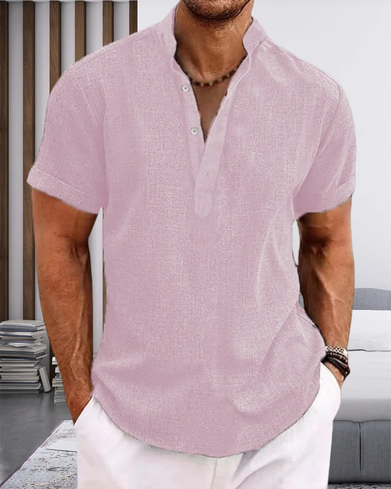 mens tiedyed Henry collar casual beach shortsleeved fashionable solidcolor top Tshirt highquality street shortsleeve 250717