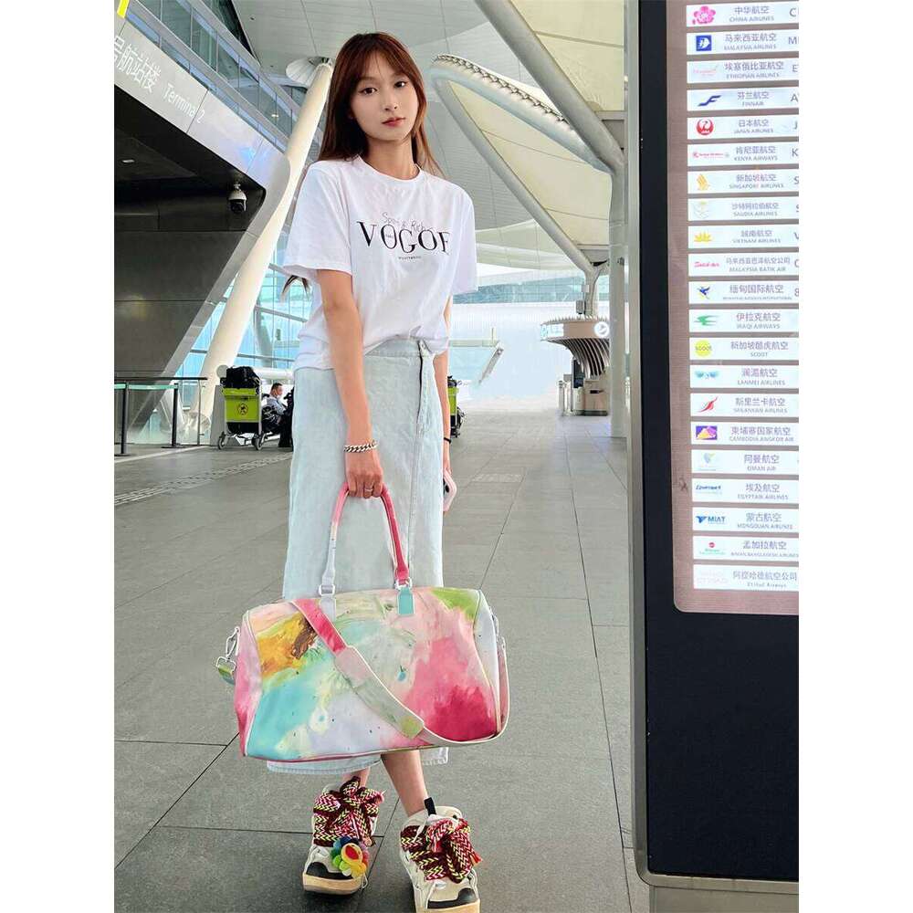 Oil Painting Travel For Women New Model Carry On Luggage Large Soft Leather Gym Bag Rendering Graffiti Handbag