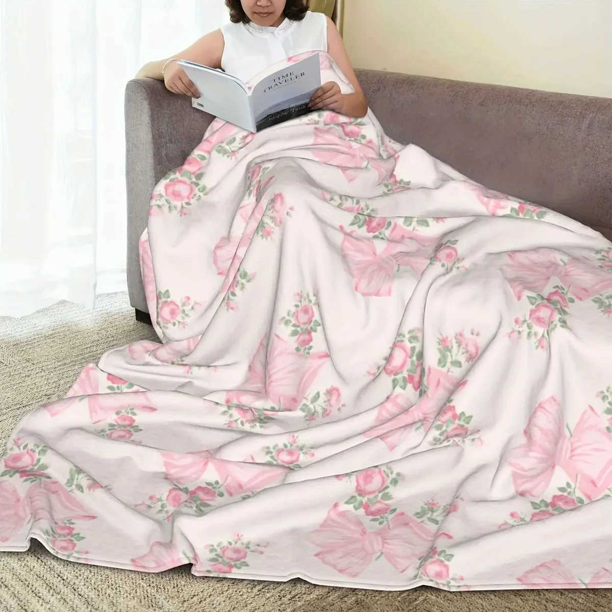 Soft Cozy Pink Bow Floral Flannel Throw Blanket Versatile for Office Camping Travel All-Season Warmth Machine Washable W250719