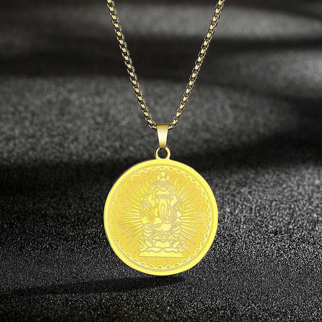 Chandr Stainless Steel Ganesha Coin Necklace for Men Lord Medallion Gold Plated Pendant Hindu Him W250718