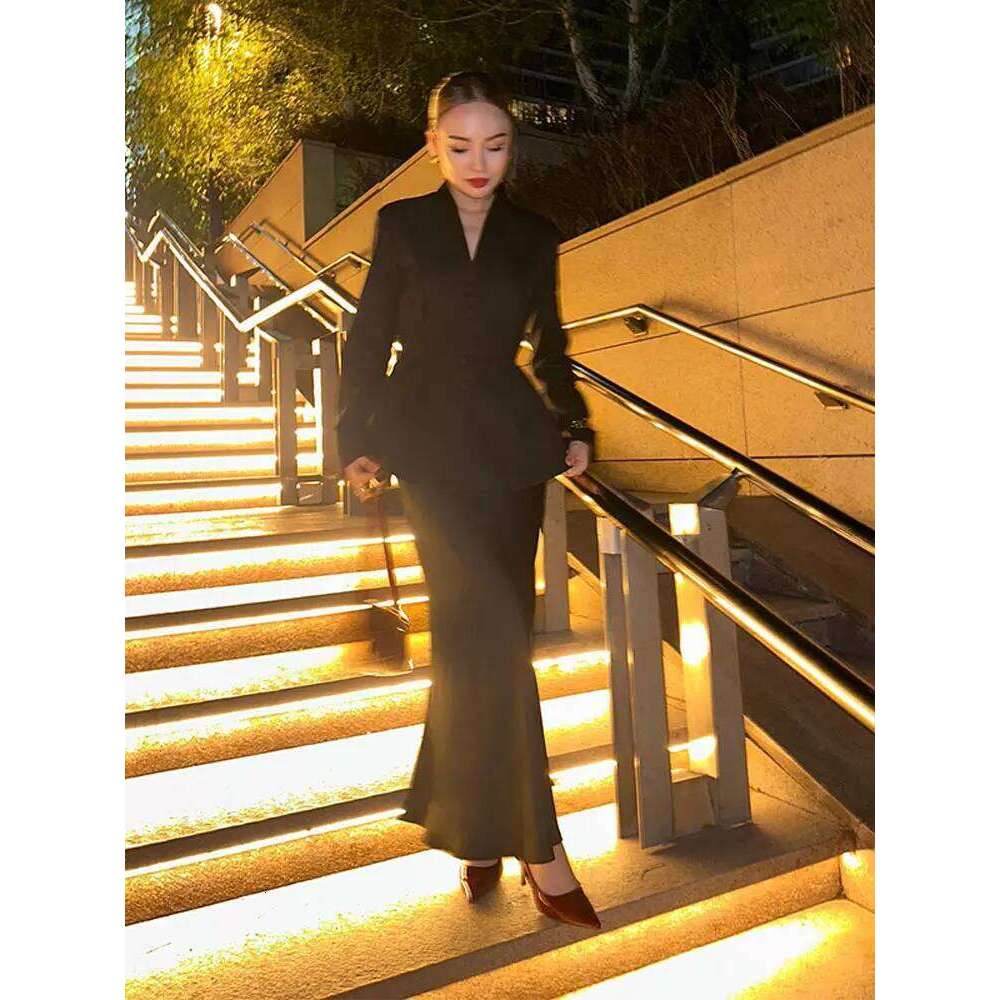 Solid Stand Collar Women Blazer Set Hip Package Slim Lady Long Skirts Sets Elegant Office Single-breasted Female Coat Suit