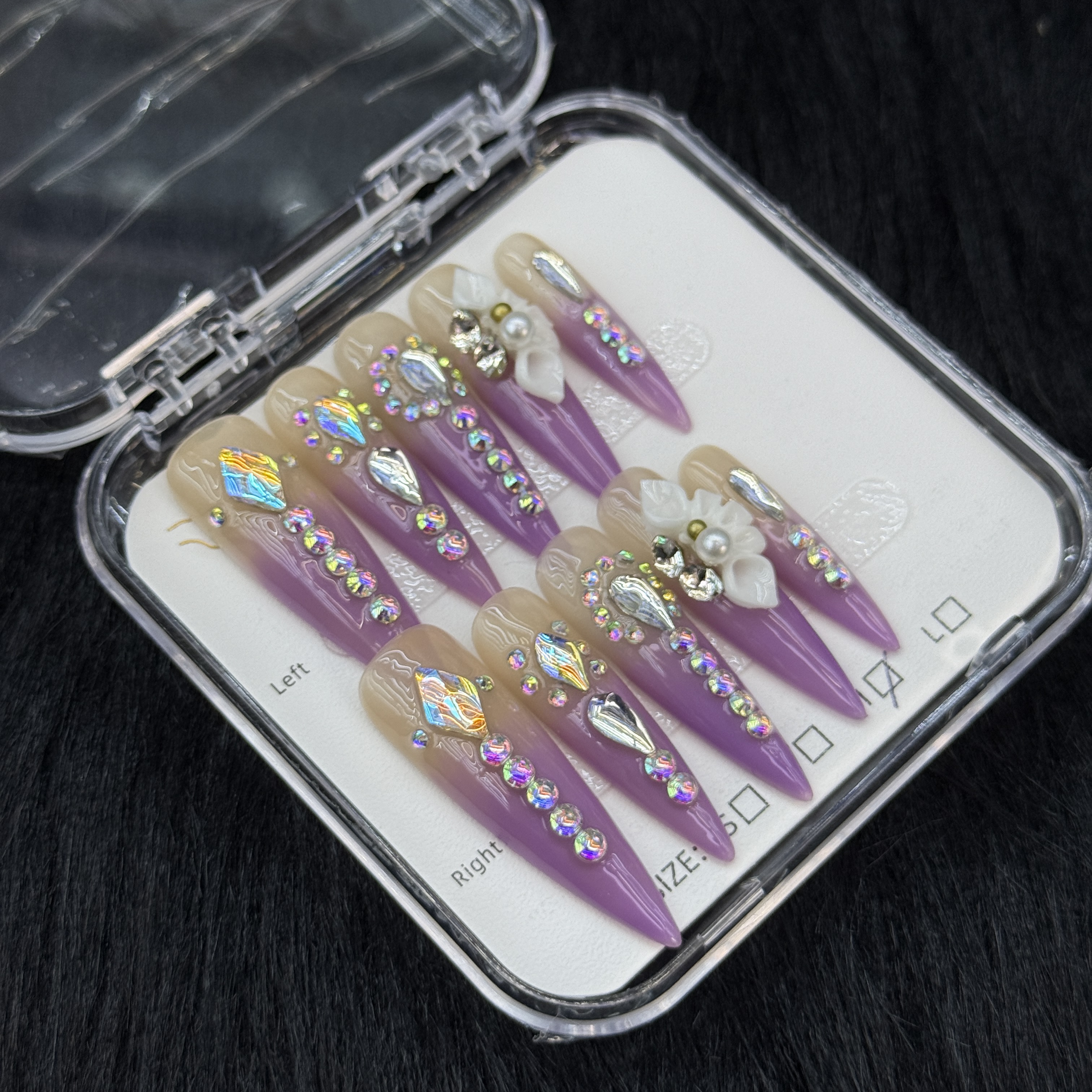 10Pcs Luxury Purple Rhinestone Press-On Nails - Elegant Floral Manicure Set