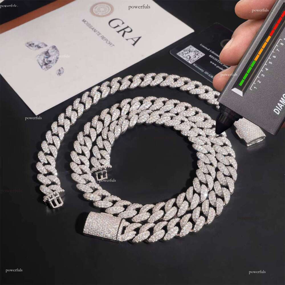 High Quality Jewelry Hip Hop Style Iced Out Sier 13mm 2 Row VVS Moissanite Cuban Chain Necklace