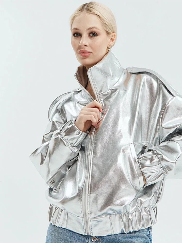 Glossy Jackets Women Casual Loose Lapel Zipper Fashion Coats Female Autumn Winter Long Sleeves Solid Street Outwears Lady 250715