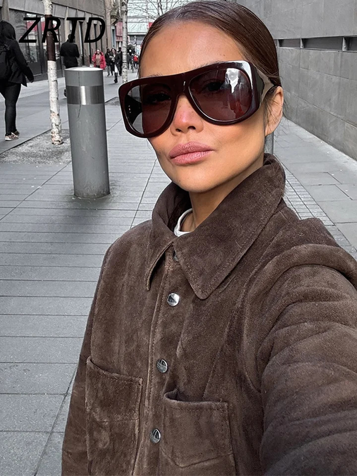 Street Womens Short Brown Suede Jacket Lapel Single Breasted Full Sleeve Pocket Female Coats 2025 Spring Lady Commute Outerwear 250717