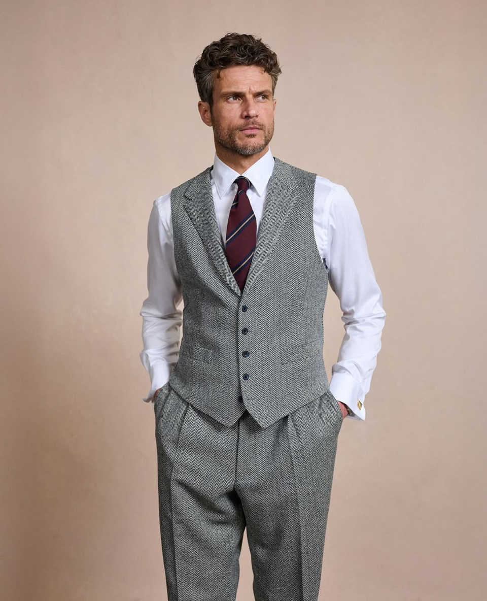 Classic Tweed Suits For Men Herringbone 3 Piece Blazer Vest Pants Formal Occasions Prom Wedding Clothing Customized