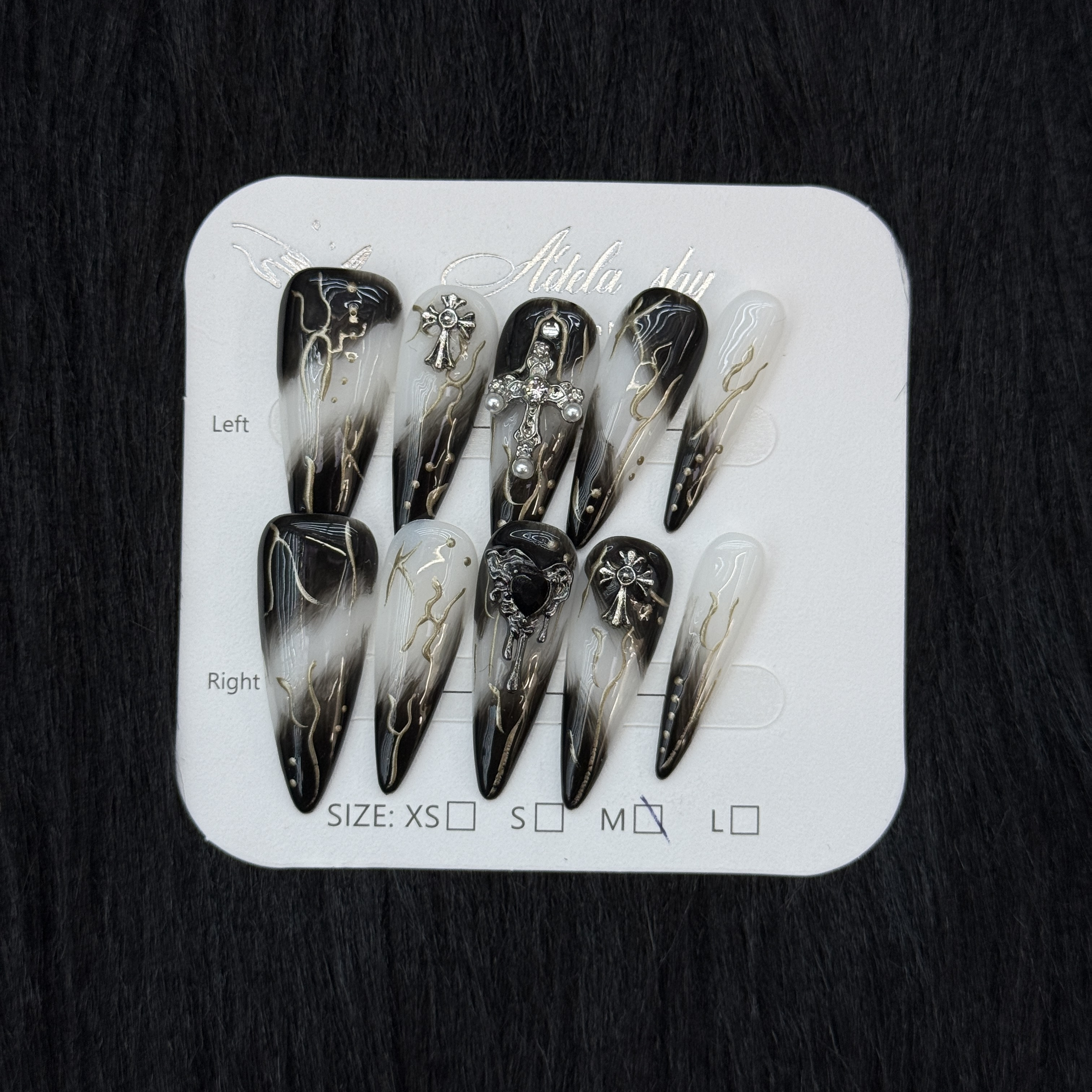 10Pcs Gothic Ombre Cross Press-On Nails - Black & White Punk Manicure Set