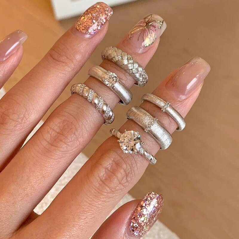 Vintage Brushed Zircon Open Ring for Women, Minimalist Stackable Ring, Niche High-End Luxury Couple Rings, Multiple Styles