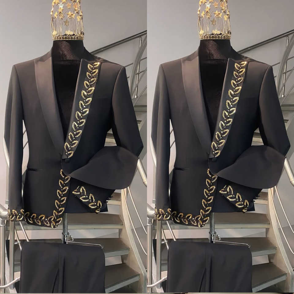 Formal Men Suits Wedding 2 Piece Jacket Pants Single Breasted Gold Sequined Crystal Groom Tuxedos Customized