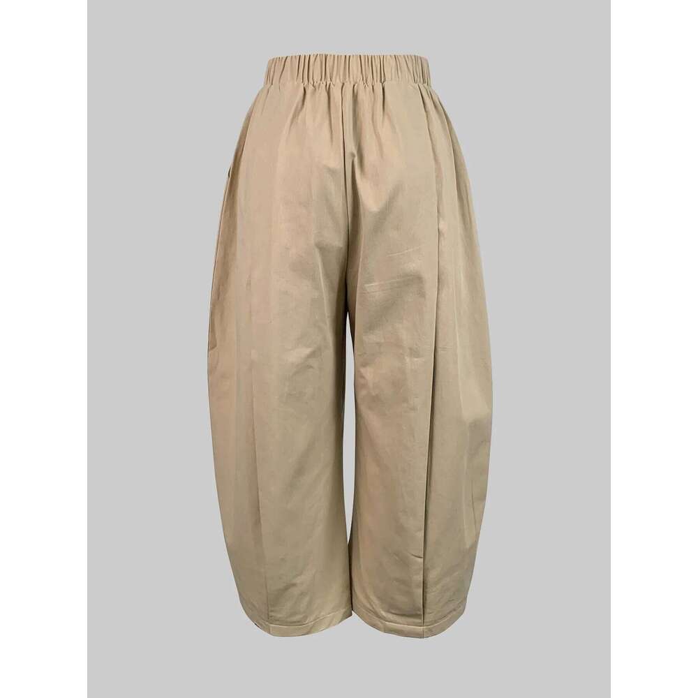 Beautyblue Khaki Women's Wide-leg Capri Pants Summer New Fashion Pocket Elastic Waist Loose Cotton Cropped Trousers