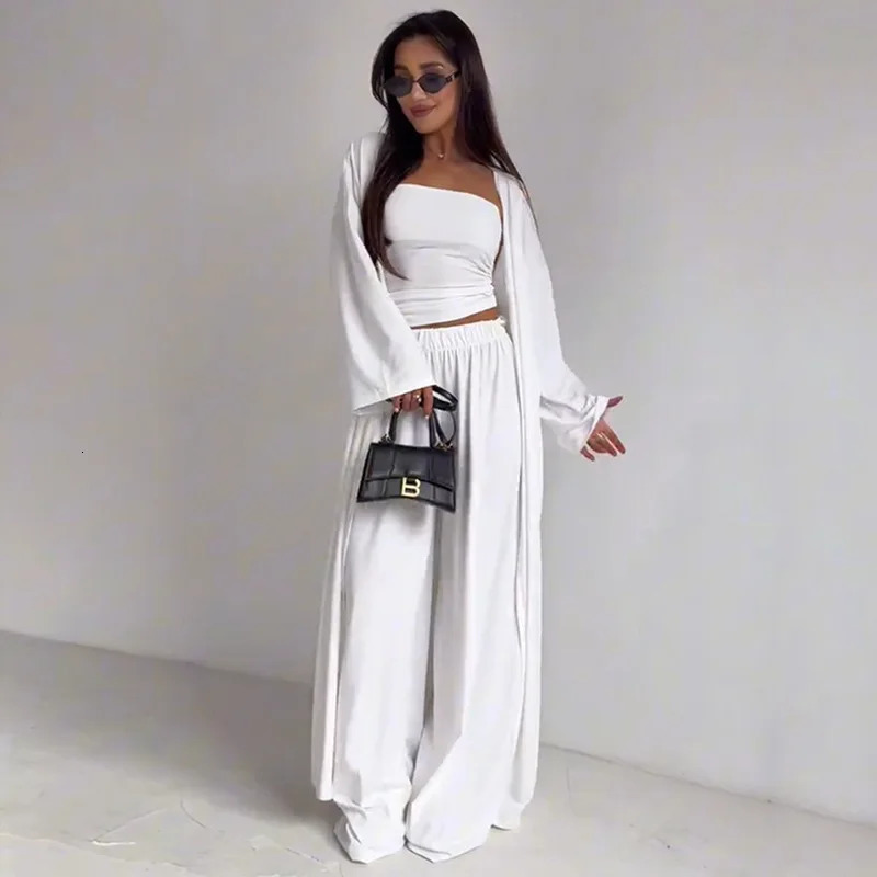 Womens clothing 2025 summer casual strapless vest long cardigan wide-leg trousers three-piece club clothing club Vestidos 250715