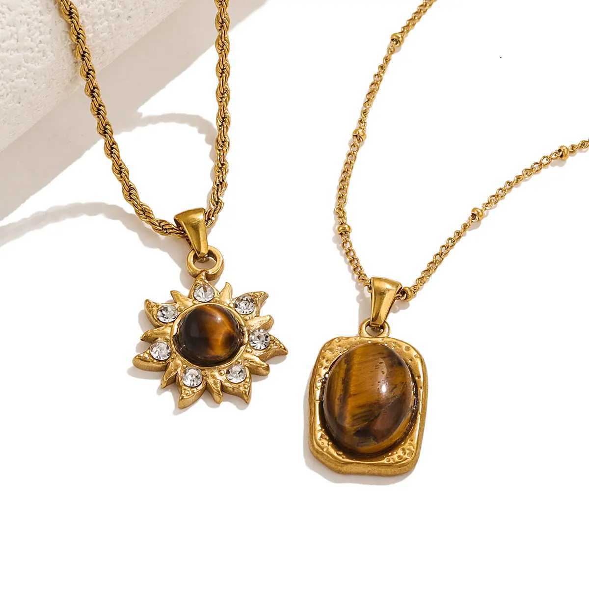 1 PCS Stainless Steel Brown Tiger Eye Stone Pendant Necklace for Women Men Vintage Fine Sweater Chain Jewelry Accessories 2024 W250718