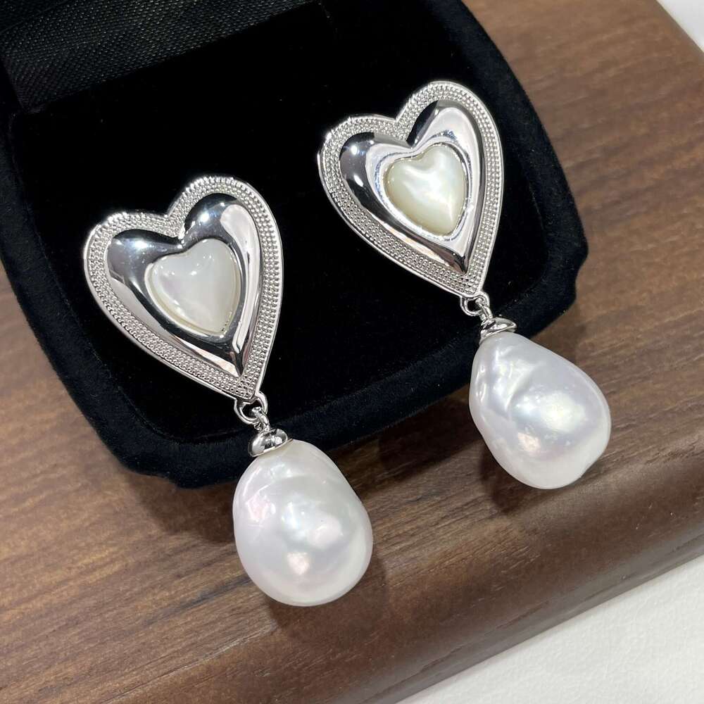 New Natural Freshwater Pearl Light Small Bar Heart Mother-of-Pearl Leaf Earrings High-End Niche S Sier Needle